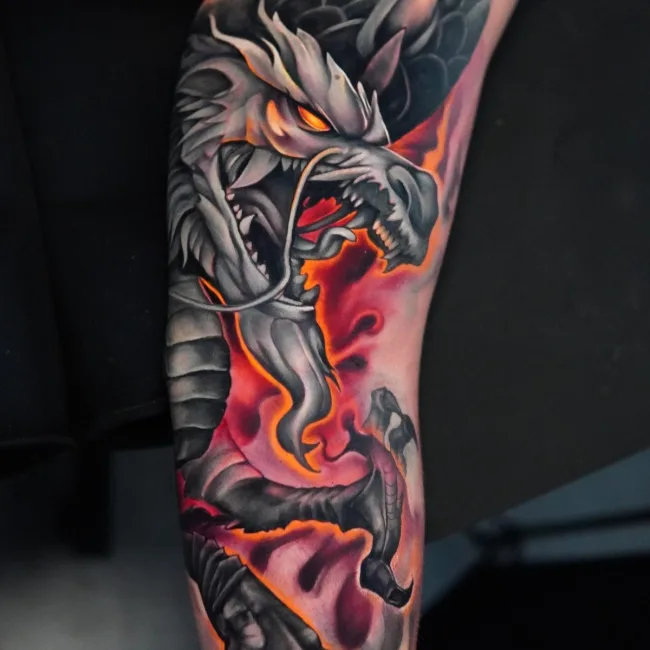 Farbtattoo Drache am Bein – Andres, Prime Ink Bremen
