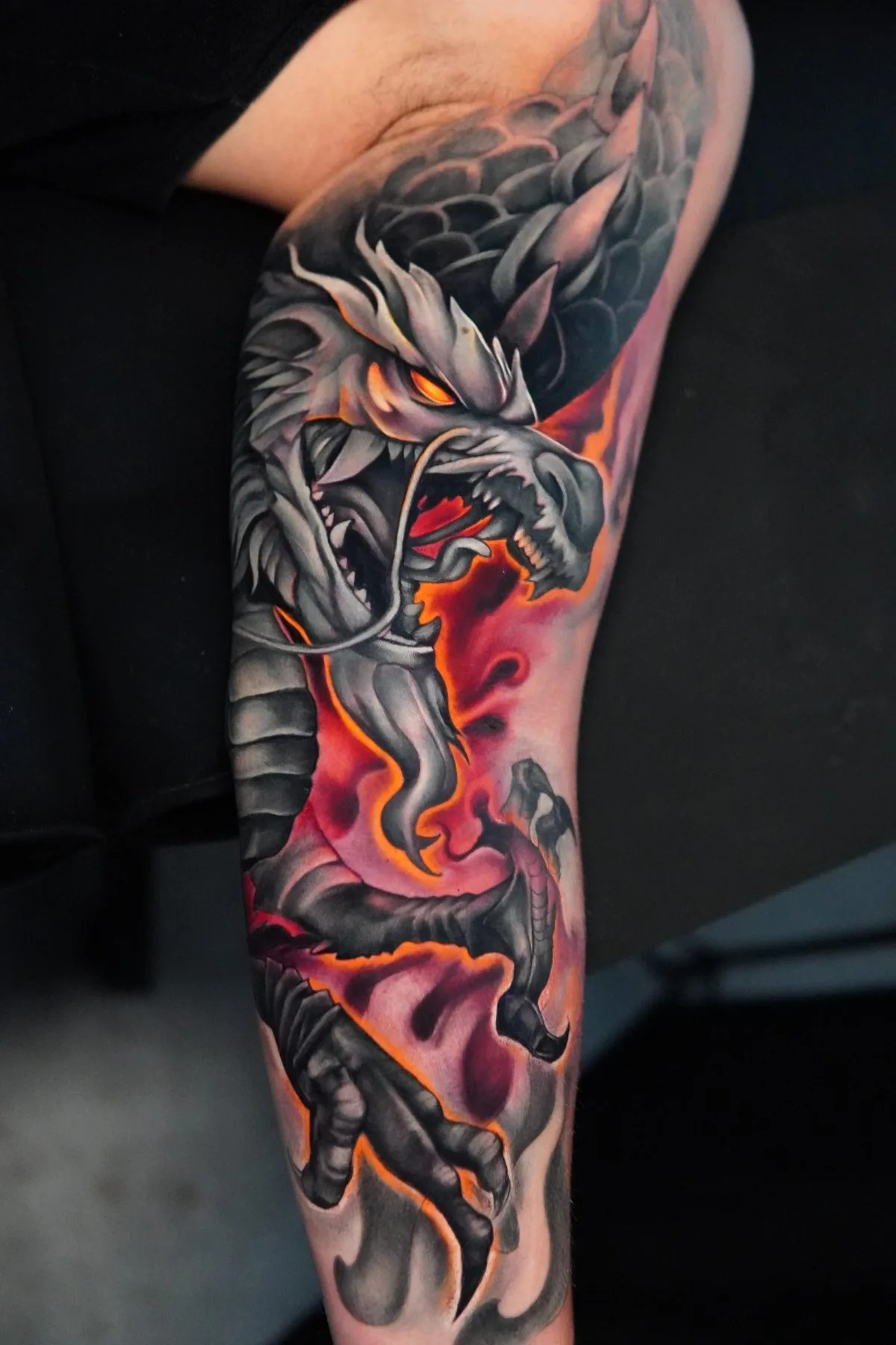 Farbtattoo Drache am Bein – Andres, Prime Ink Bremen