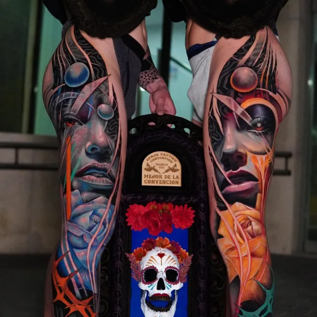 Farbtattoo Frauengesichter an beiden Beinen (Convention-Preis) – Andres, Prime Ink Bremen