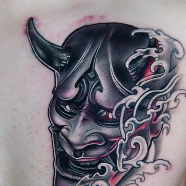 Tattoo Hannya-Maske auf der Brust – Andres, Prime Ink Bremen