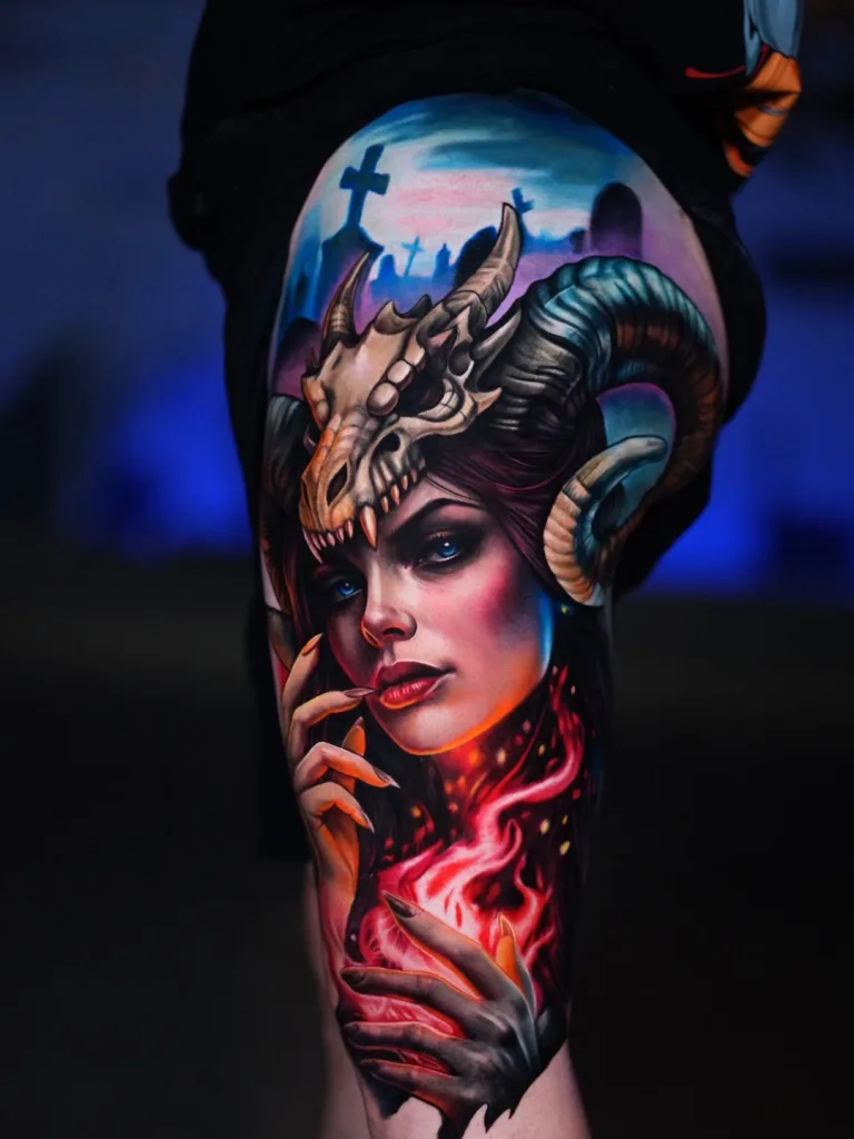 Horror-Farbtattoo Dämonin mit Drachenschädel am Oberschenkel – Andres, Prime Ink Bremen