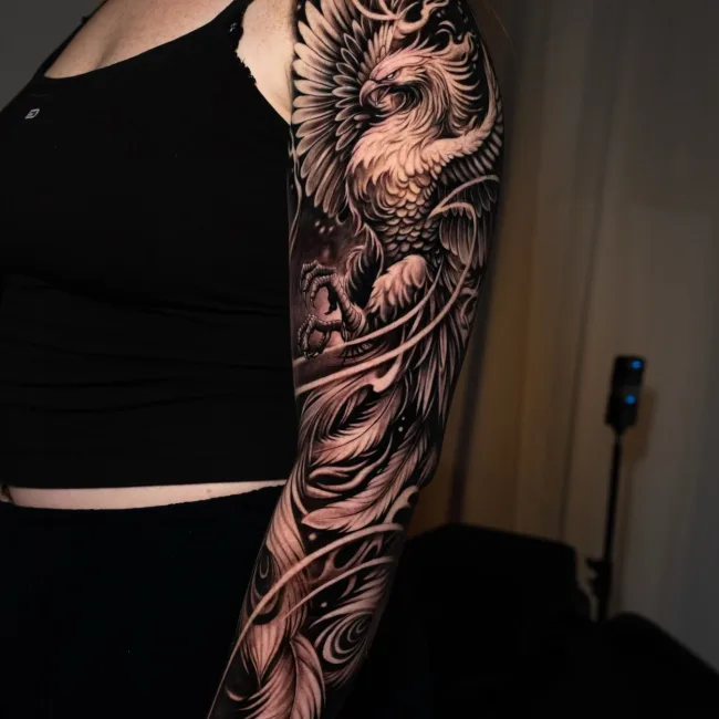 Black and Grey Phoenix-Sleeve am Arm – Chema, Prime Ink Bremen