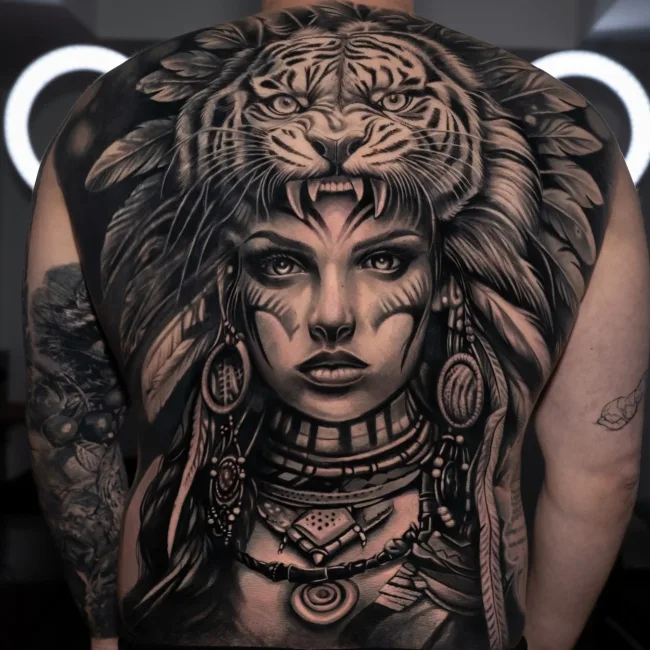 Black and Grey Rückentattoo Frau mit Tigerkopf – Chema, Prime Ink Bremen
