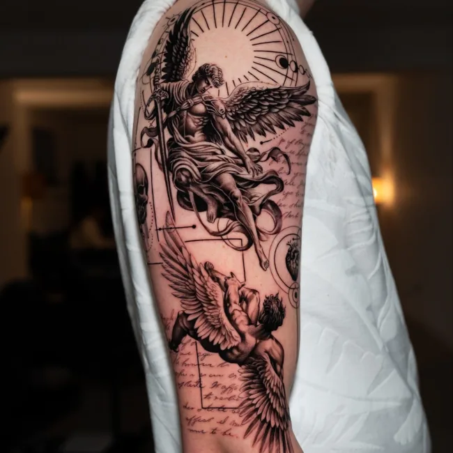 Fineline Tattoo Engel am Oberarm – Chema, Prime Ink Bremen