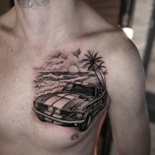 Black and Grey Realistic Tattoo Mustang am Strand auf der Brust – Junior, Prime Ink Bremen
