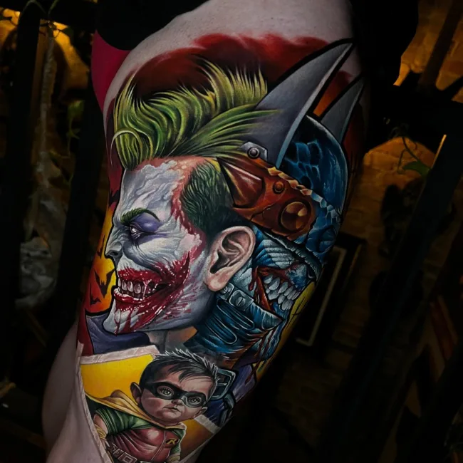 Realistic Farbtattoo Joker und Batman am Oberschenkel – Junior, Prime Ink Bremen