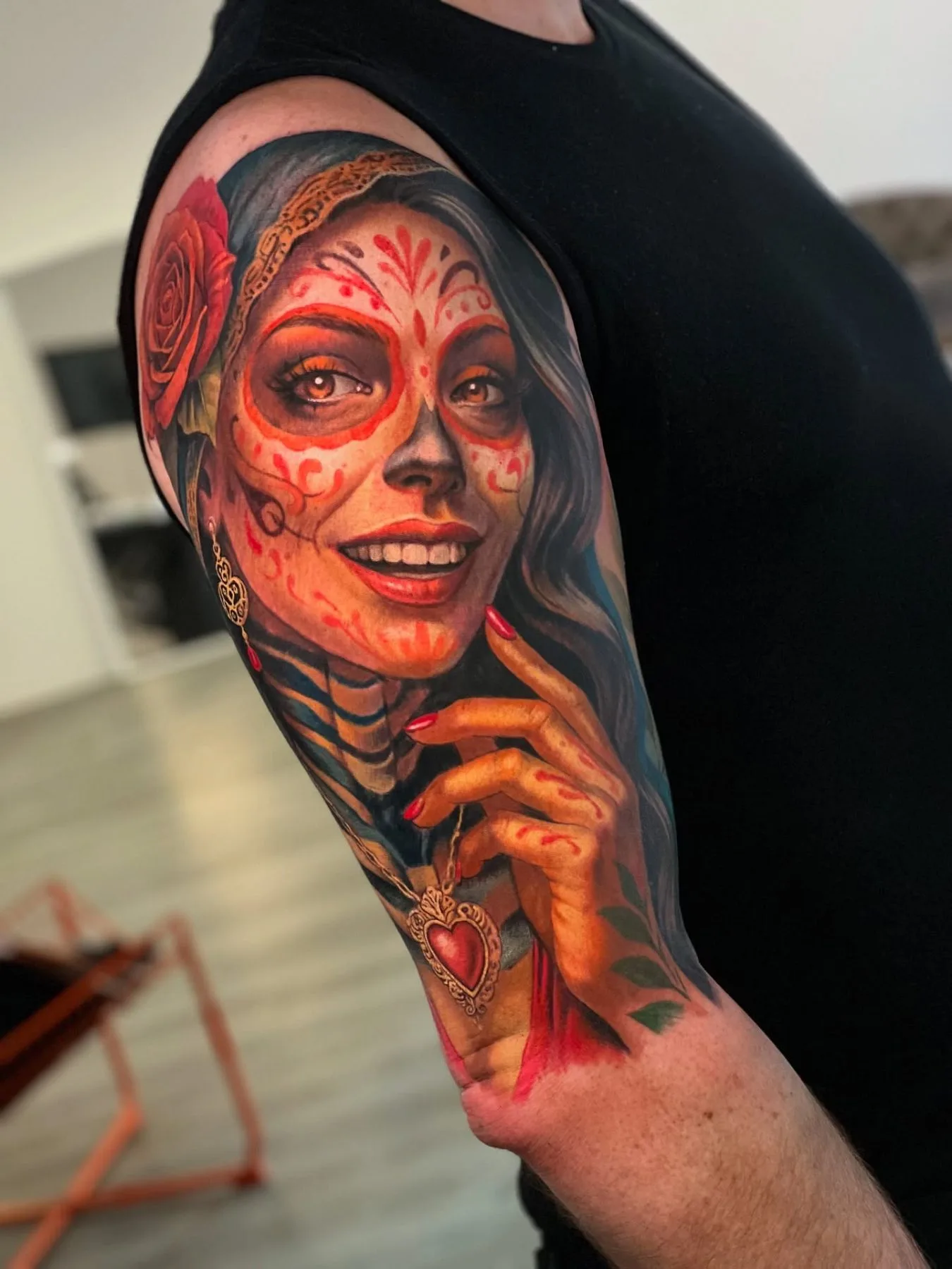 Farbtattoo Catrina am Oberarm – Kate, Prime Ink Bremen