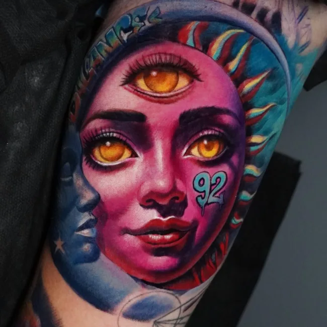 Farbtattoo Frauengesicht mit Sonne und Mond am Oberarm – Kate, Prime Ink Bremen