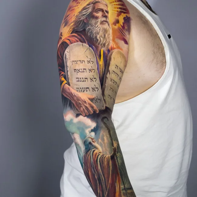 Farbtattoo Sleeve Moses mit Gesetzestafeln – Kate, Prime Ink Bremen