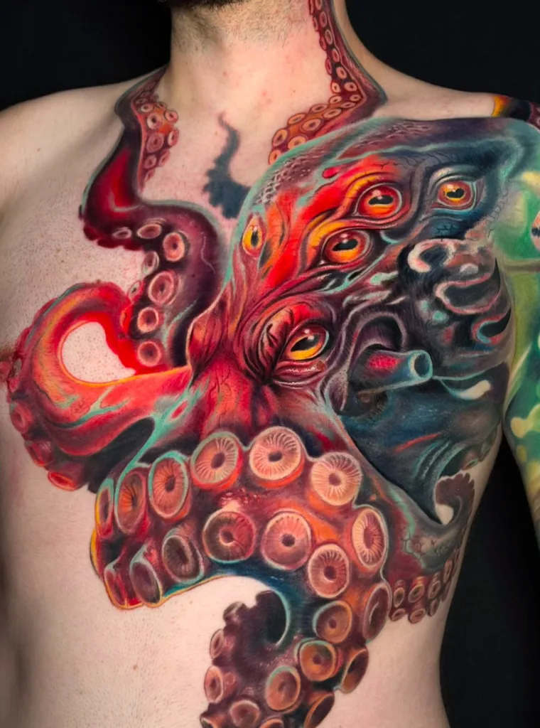 Farbtattoo Oktopus auf der Brust – Kate, Prime Ink Bremen