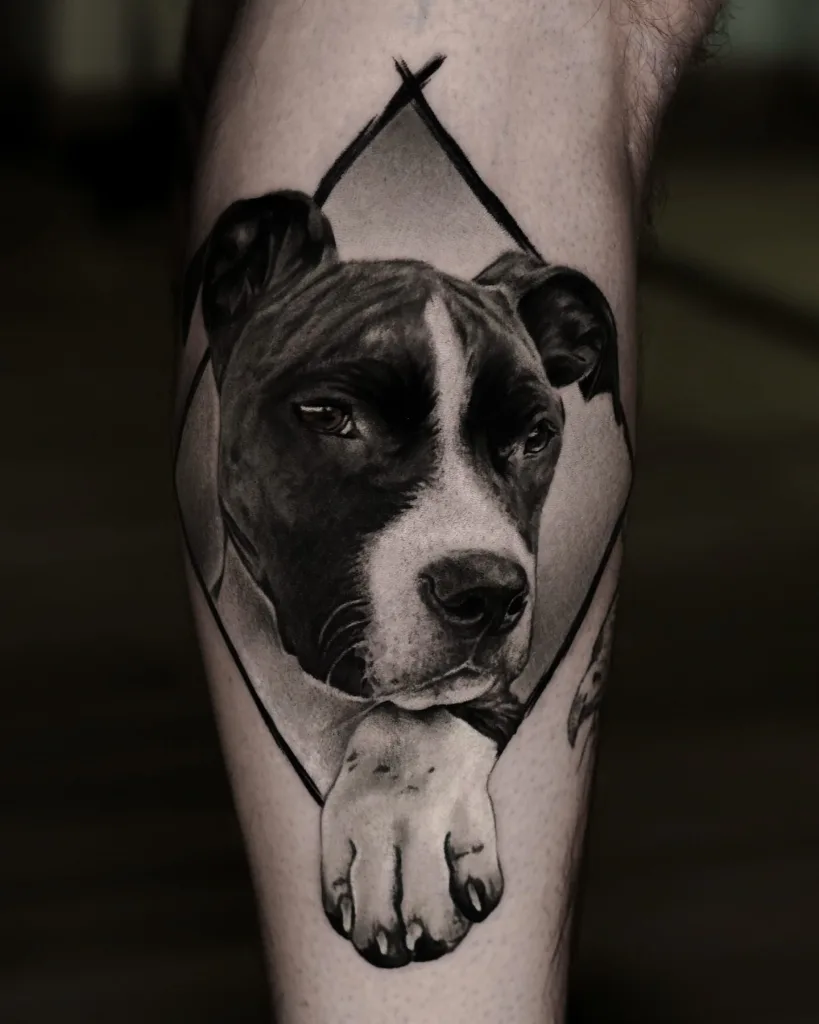 Realistic Black and Grey Tattoo Hundeportrait an der Wade – Vroma, Prime Ink Bremen