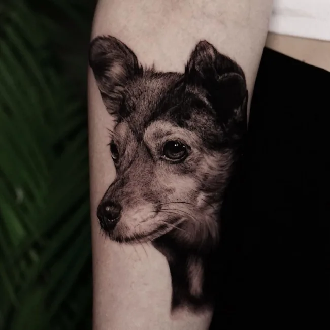 Realistic Black and Grey Tattoo Hund am Unterarm – Vroma, Prime Ink Bremen