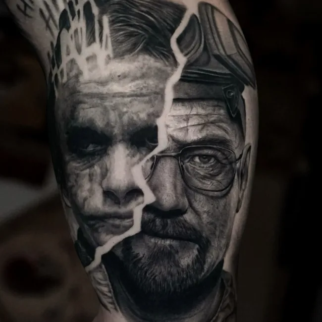 Realistic Black and Grey Portrait Tattoo Joker am Oberarm – Vroma, Prime Ink Bremen